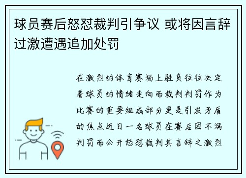 球员赛后怒怼裁判引争议 或将因言辞过激遭遇追加处罚 球员赛后怒怼裁判引争议 或将因言辞过激遭遇追加处罚
