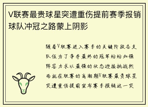 V联赛最贵球星突遭重伤提前赛季报销球队冲冠之路蒙上阴影 V联赛最贵球星突遭重伤提前赛季报销球队冲冠之路蒙上阴影